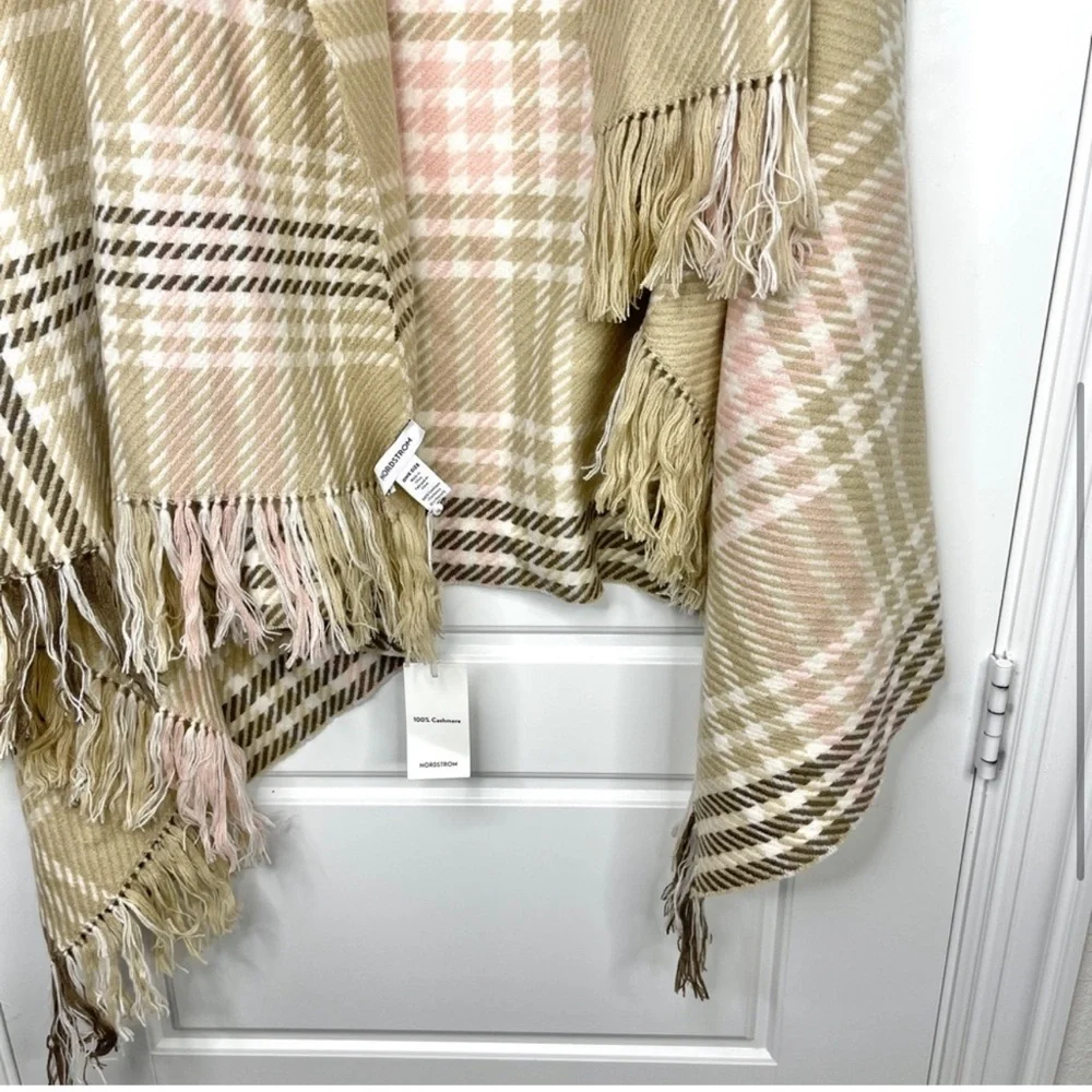 NORDSTROM 100% Cashmere NEW Plaid Wrap Oversized Scarf In Tan Combo NEW